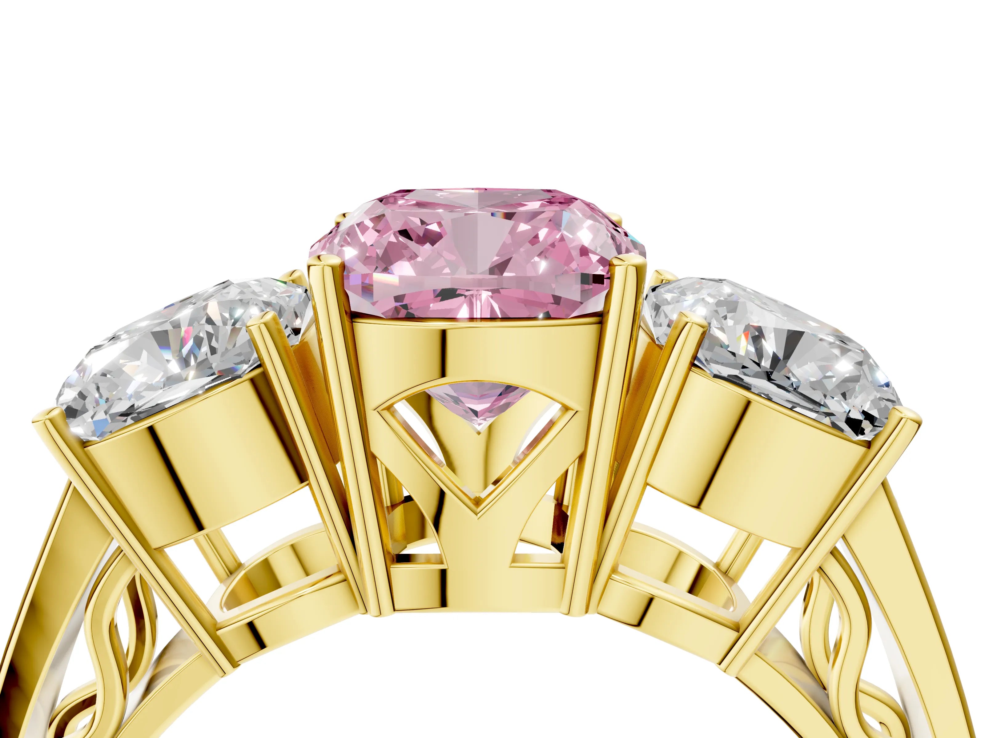 Yellow gold Fancy Pink Cushion Cut Diamond Three-Stone Ring with Prong Setting and Textured Band_4