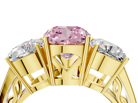 Yellow gold Fancy Pink Cushion Cut Diamond Three-Stone Ring with Prong Setting and Textured Band_4