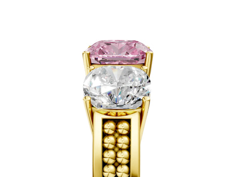 Yellow gold Fancy Pink Cushion Cut Diamond Three-Stone Ring with Prong Setting and Textured Band_5
