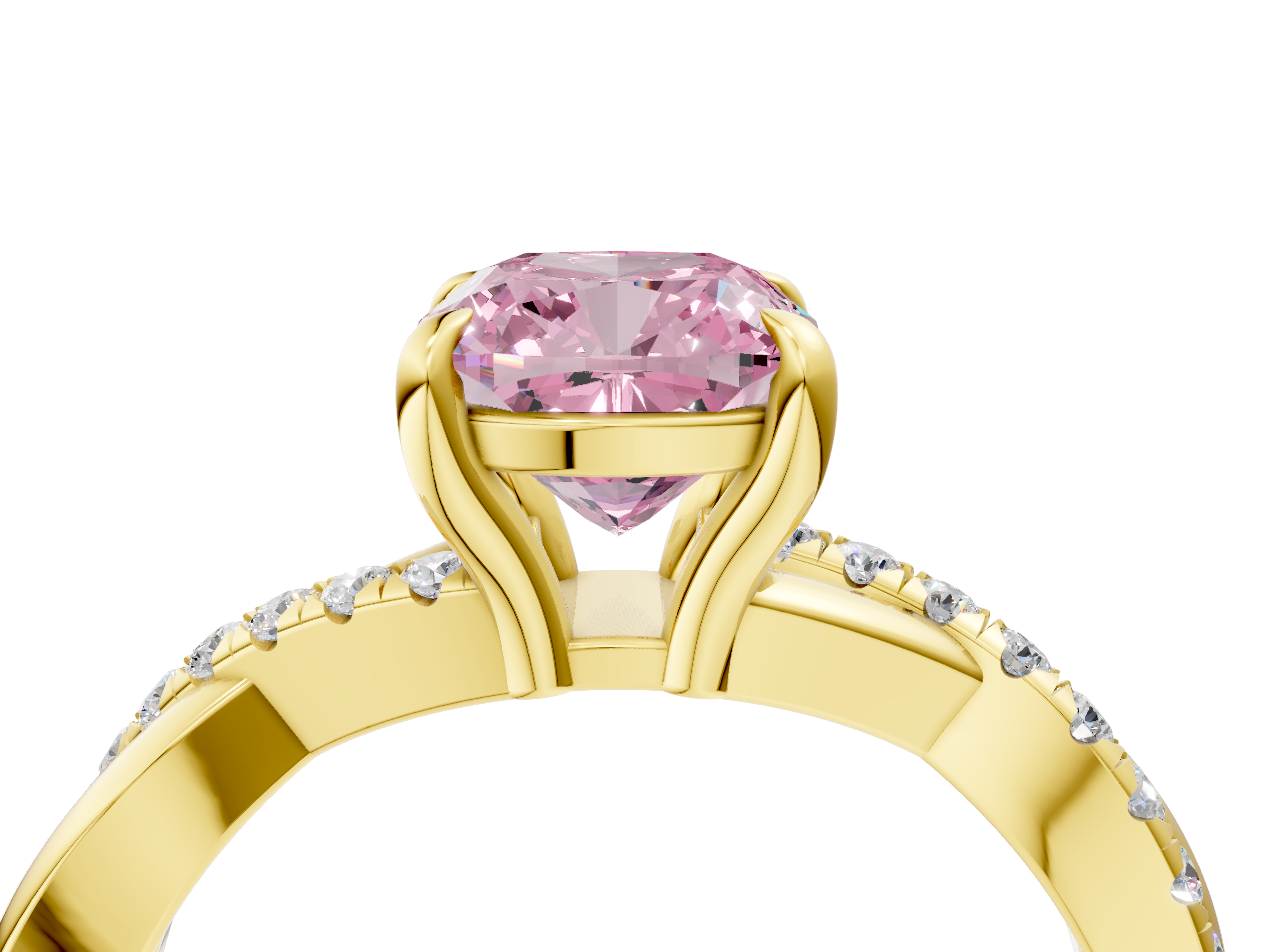 Yellow gold Fancy Pink Cushion  Cut Diamond Twist Band Solitaire with Prong Setting_11