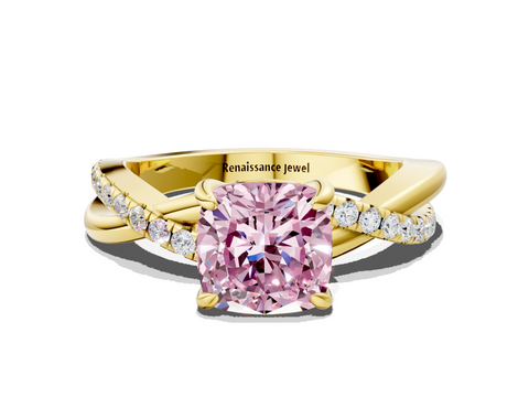 Yellow gold Fancy Pink Cushion  Cut Diamond Twist Band Solitaire with Prong Setting_7