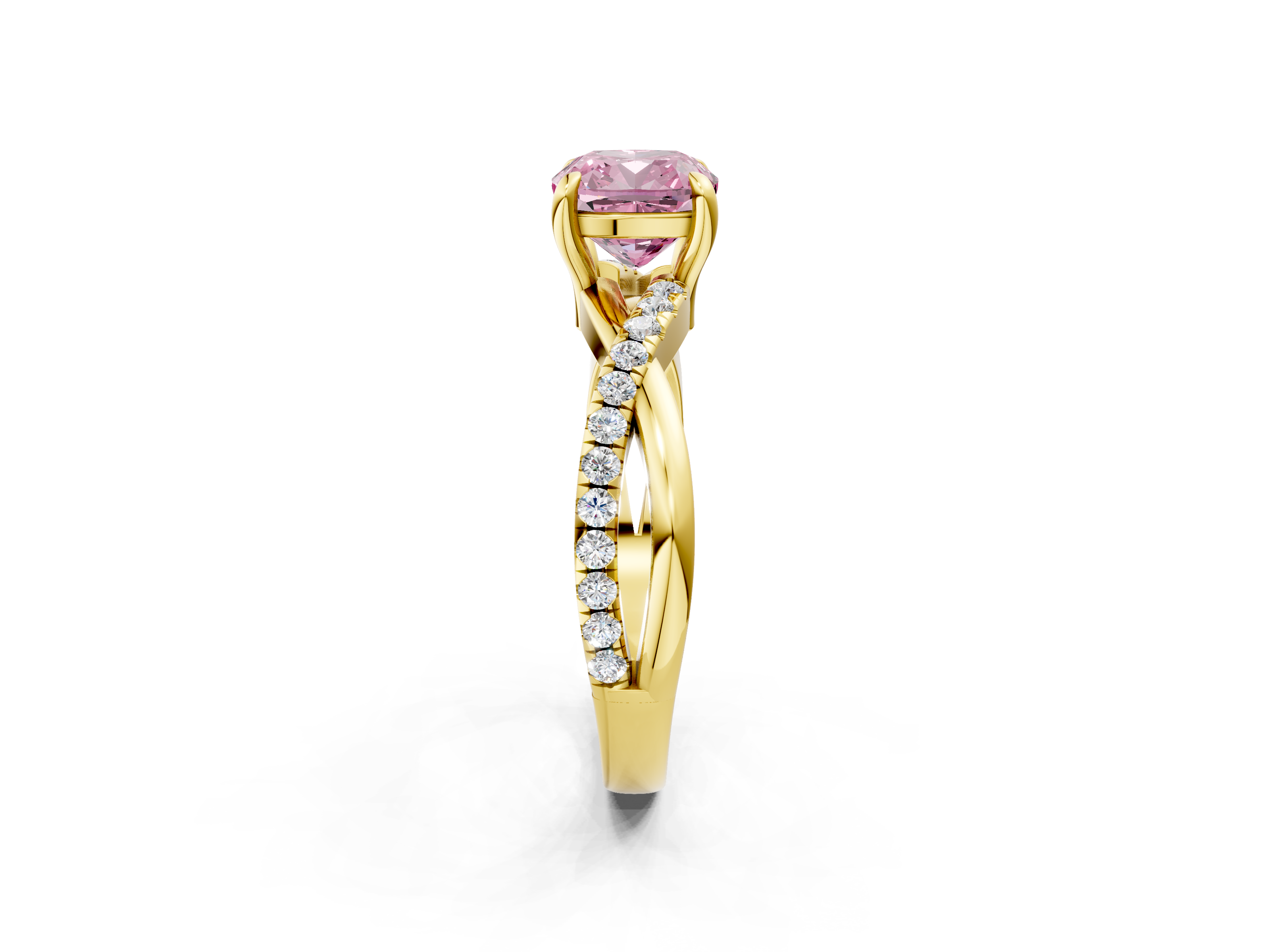 Yellow gold Fancy Pink Cushion  Cut Diamond Twist Band Solitaire with Prong Setting_8