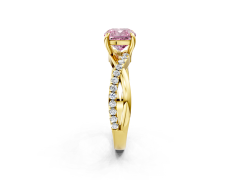 Yellow gold Fancy Pink Cushion  Cut Diamond Twist Band Solitaire with Prong Setting_8