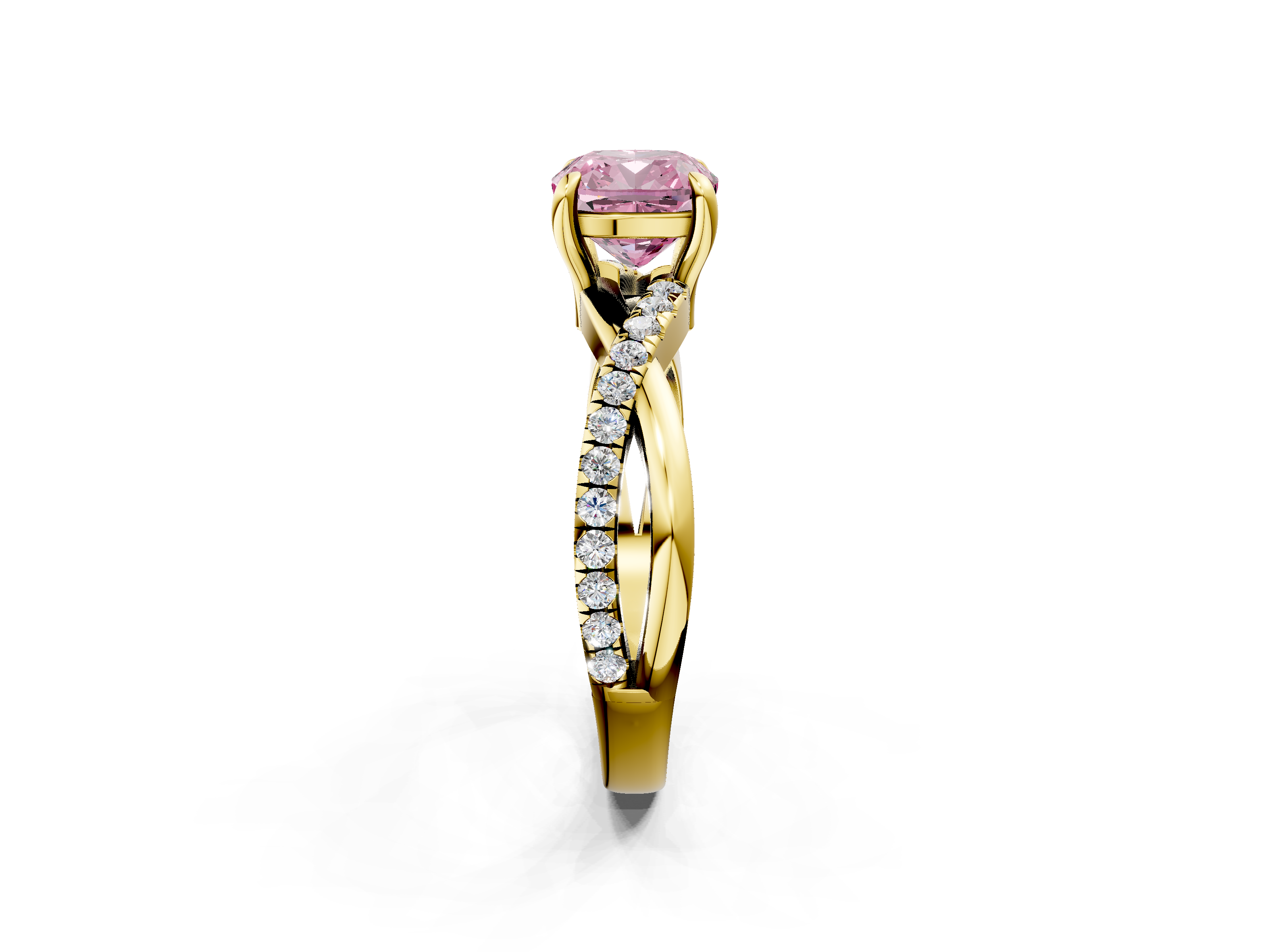 Yellow gold Fancy Pink Cushion  Cut Diamond Twist Band Solitaire with Prong Setting_9
