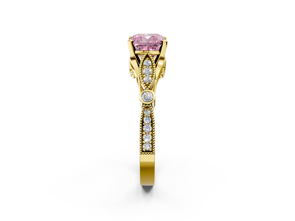 Yellow Gold Cushion Cut Vintage Milgrain Engagement Ring Setting for Fancy Pink Center