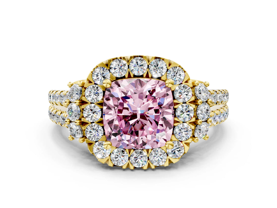 Yellow gold Fancy Pink Cushion  Cut Double Halo Diamond Engagement Ring with Pave Band and Four-Prong Setting