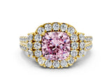 Yellow gold Fancy Pink Cushion  Cut Double Halo Diamond Engagement Ring with Pave Band and Four-Prong Setting