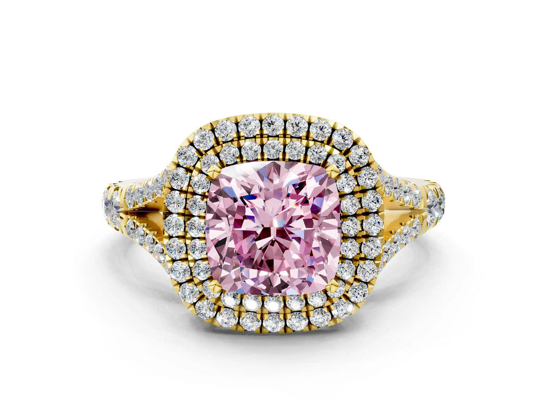 Yellow gold Fancy Pink Cushion  Cut Double Halo Split Shank Diamond Ring with Prong Setting_48