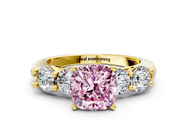 Yellow gold Fancy Pink Cushion  Cut Five-Stone Prong Set Diamond Ring with Classic Band
