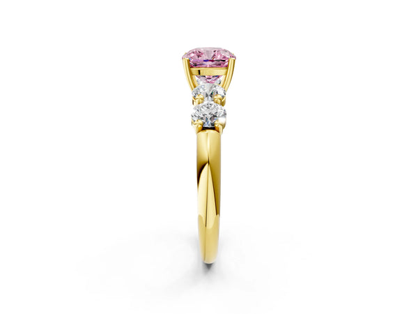 Yellow gold Fancy Pink Cushion  Cut Five-Stone Prong Set Diamond Ring with Classic Band
