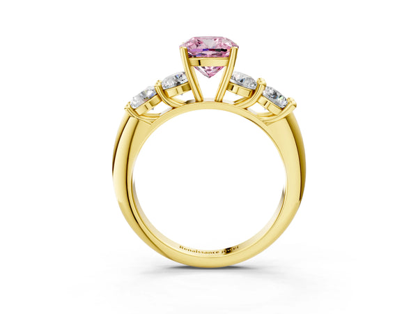Yellow gold Fancy Pink Cushion  Cut Five-Stone Prong Set Diamond Ring with Classic Band