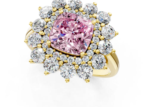 Yellow gold Fancy Pink Cushion Cut Halo Cluster Diamond Ring with Pave Band and Four-Prong Setting_1