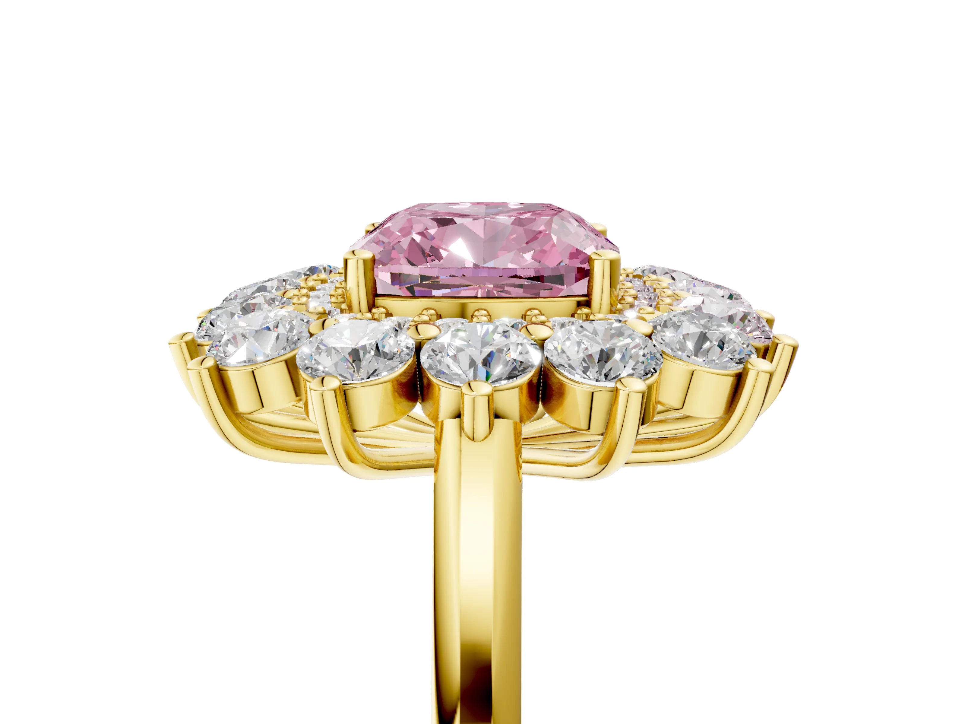 Yellow gold Fancy Pink Cushion Cut Halo Cluster Diamond Ring with Pave Band and Four-Prong Setting_5