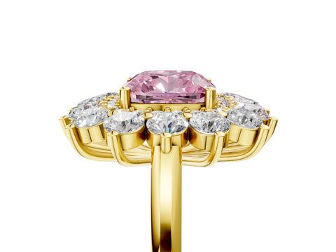 Yellow gold Fancy Pink Cushion Cut Halo Cluster Diamond Ring with Pave Band and Four-Prong Setting_5