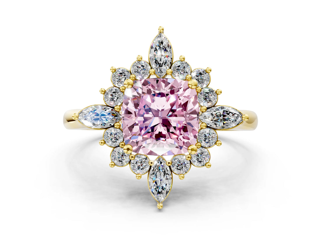Yellow gold Fancy Pink Cushion Cut Halo Diamond Cluster Ring with Marquise and Round Stones on a White Gold Band with Prong Setting