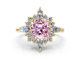Yellow gold Fancy Pink Cushion Cut Halo Diamond Cluster Ring with Marquise and Round Stones on a White Gold Band with Prong Setting
