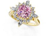 Yellow gold Fancy Pink Cushion Cut Halo Diamond Cluster Ring with Marquise and Round Stones on a White Gold Band with Prong Setting_1