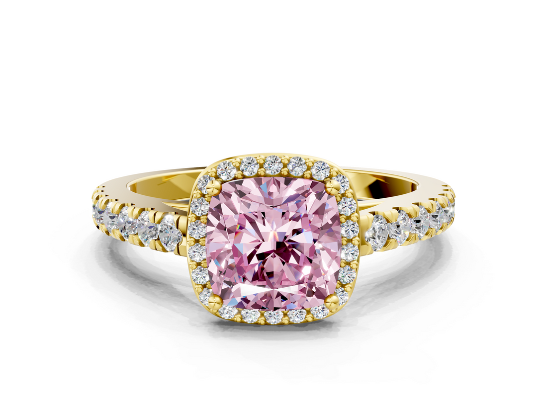Yellow gold Fancy Pink Cushion  Cut Halo Diamond Engagement Ring with Pave Band and Four-Prong Setting_28