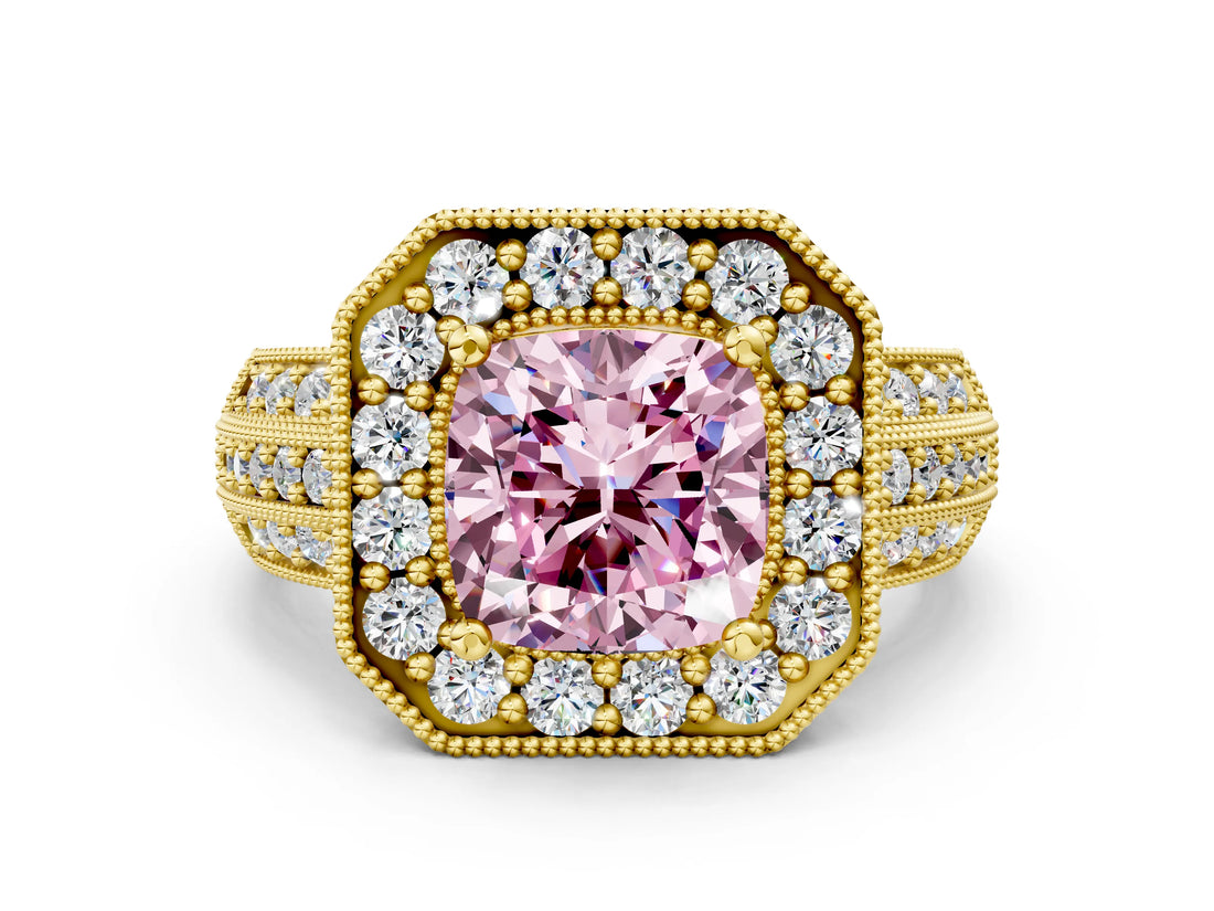 Yellow gold Fancy Pink Cushion Cut Halo Diamond Engagement Ring with Pave Split Shank and Four-Prong Setting