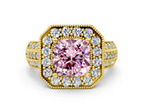 Yellow gold Fancy Pink Cushion Cut Halo Diamond Engagement Ring with Pave Split Shank and Four-Prong Setting