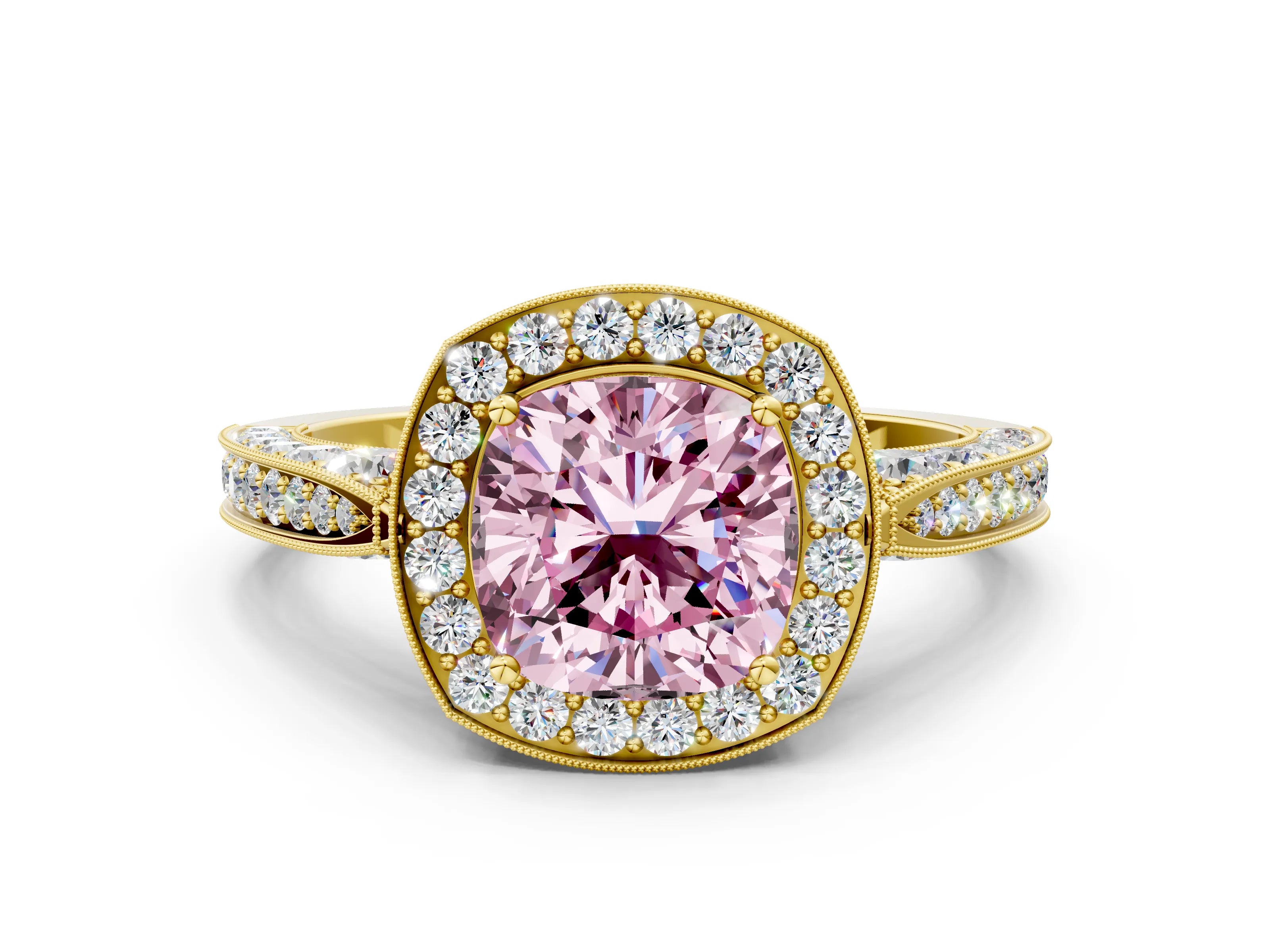 Yellow gold Fancy Pink Cushion Cut Halo Diamond Engagement Ring with Split Shank Band and Four-Prong Setting