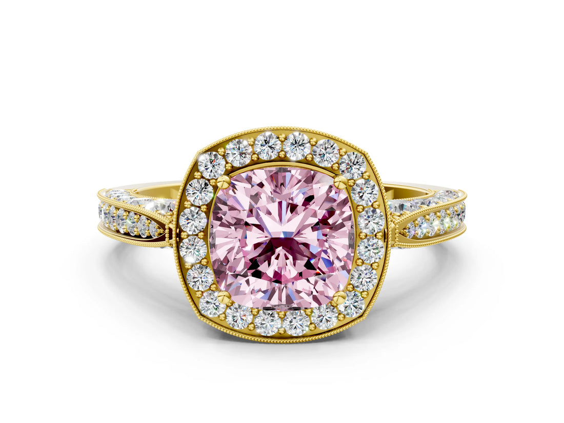 Yellow gold Fancy Pink Cushion Cut Halo Diamond Engagement Ring with Split Shank Band and Four-Prong Setting