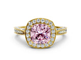 Yellow gold Fancy Pink Cushion Cut Halo Diamond Engagement Ring with Split Shank Band and Four-Prong Setting