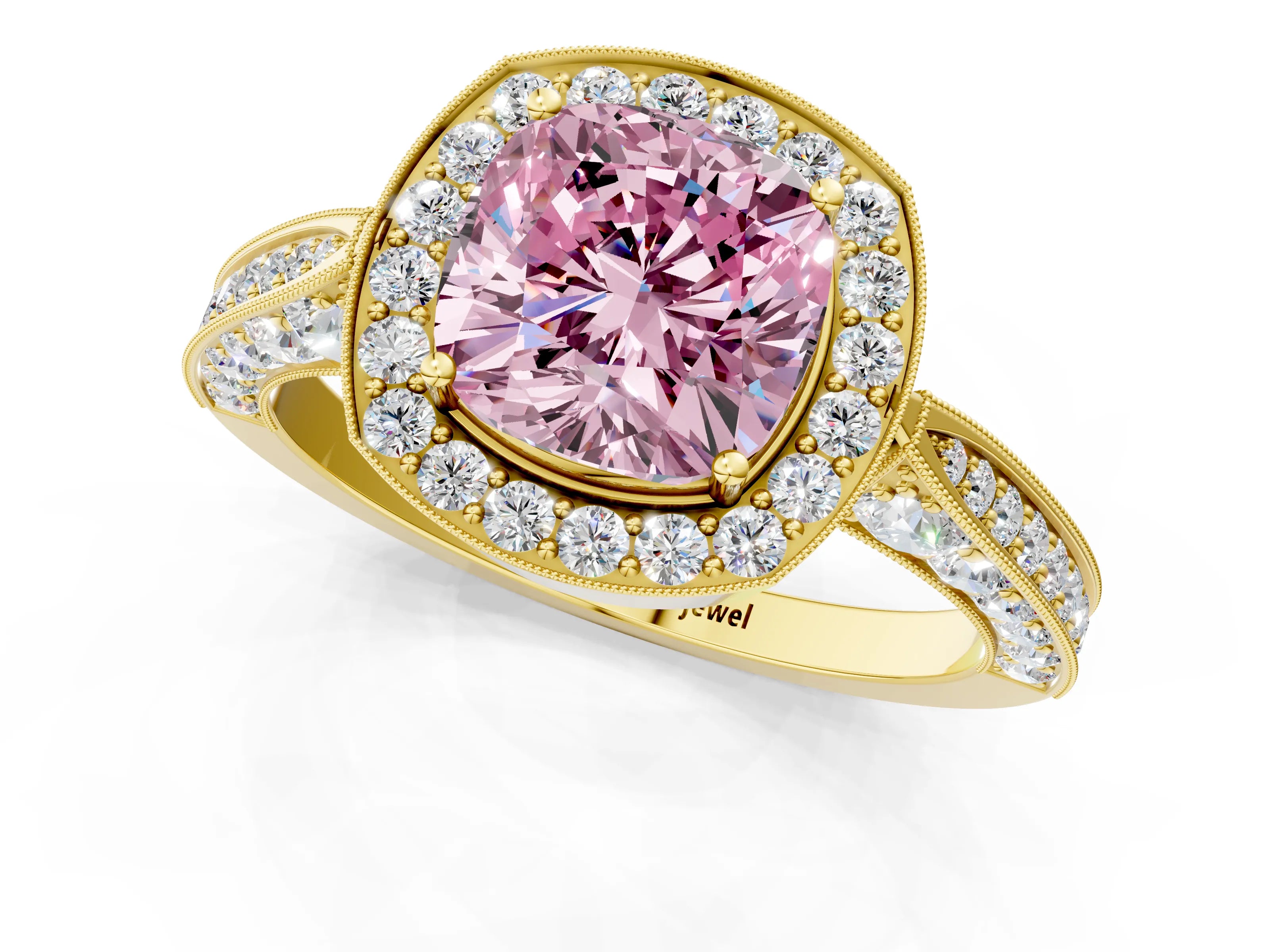Yellow gold Fancy Pink Cushion Cut Halo Diamond Engagement Ring with Split Shank Band and Four-Prong Setting_1