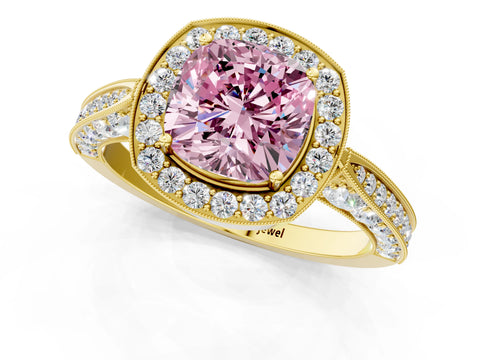 Yellow gold Fancy Pink Cushion Cut Halo Diamond Engagement Ring with Split Shank Band and Four-Prong Setting_1