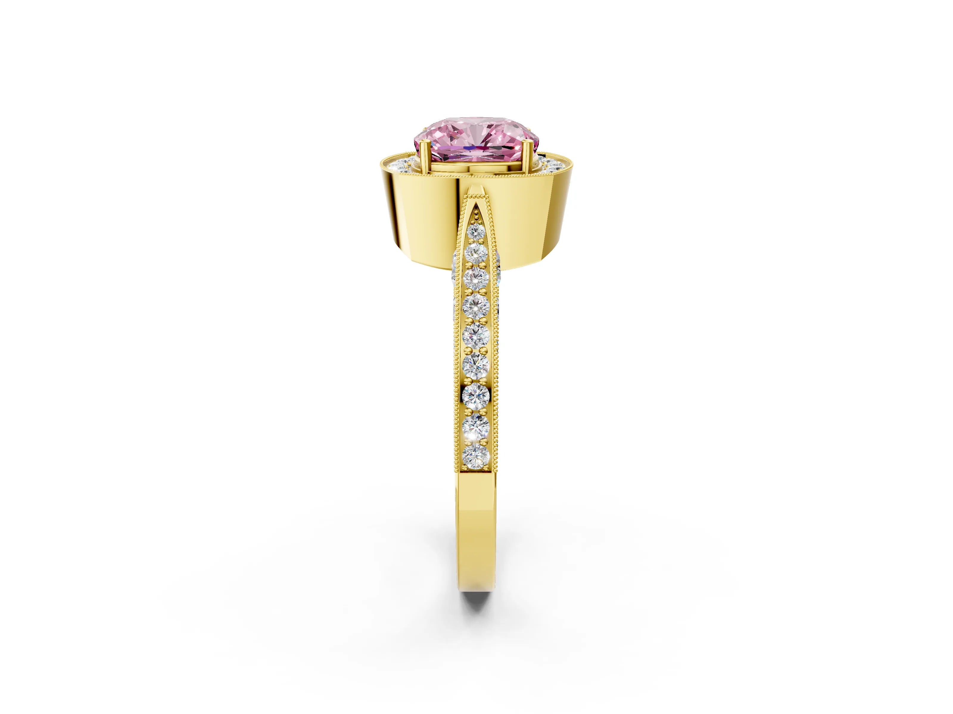 Yellow gold Fancy Pink Cushion Cut Halo Diamond Engagement Ring with Split Shank Band and Four-Prong Setting_2