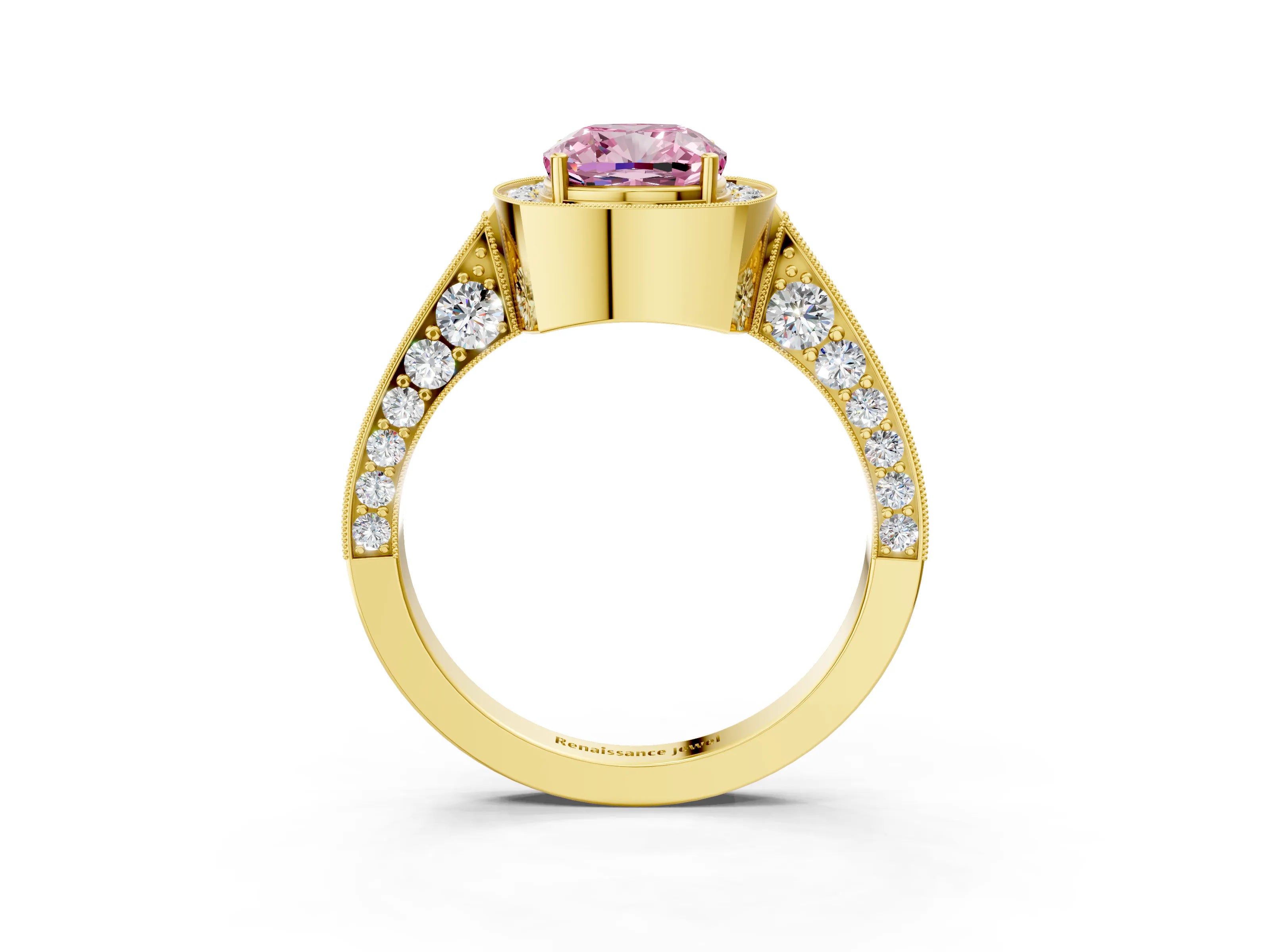 Yellow gold Fancy Pink Cushion Cut Halo Diamond Engagement Ring with Split Shank Band and Four-Prong Setting_3
