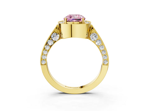 Yellow gold Fancy Pink Cushion Cut Halo Diamond Engagement Ring with Split Shank Band and Four-Prong Setting_3