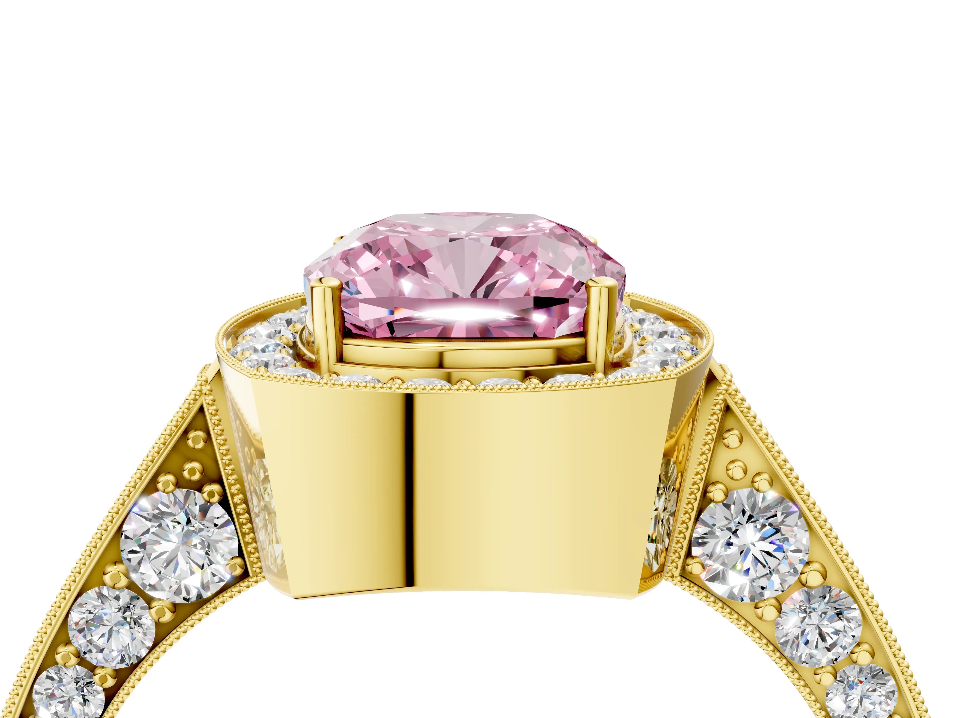 Yellow gold Fancy Pink Cushion Cut Halo Diamond Engagement Ring with Split Shank Band and Four-Prong Setting_4