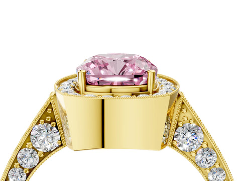Yellow gold Fancy Pink Cushion Cut Halo Diamond Engagement Ring with Split Shank Band and Four-Prong Setting_4