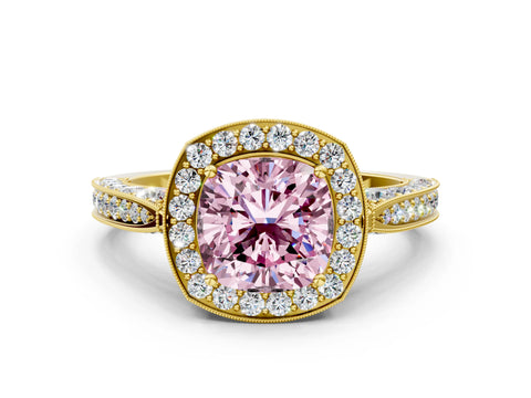 Yellow gold Fancy Pink Cushion Cut Halo Diamond Engagement Ring with Split Shank Band and Four-Prong Setting