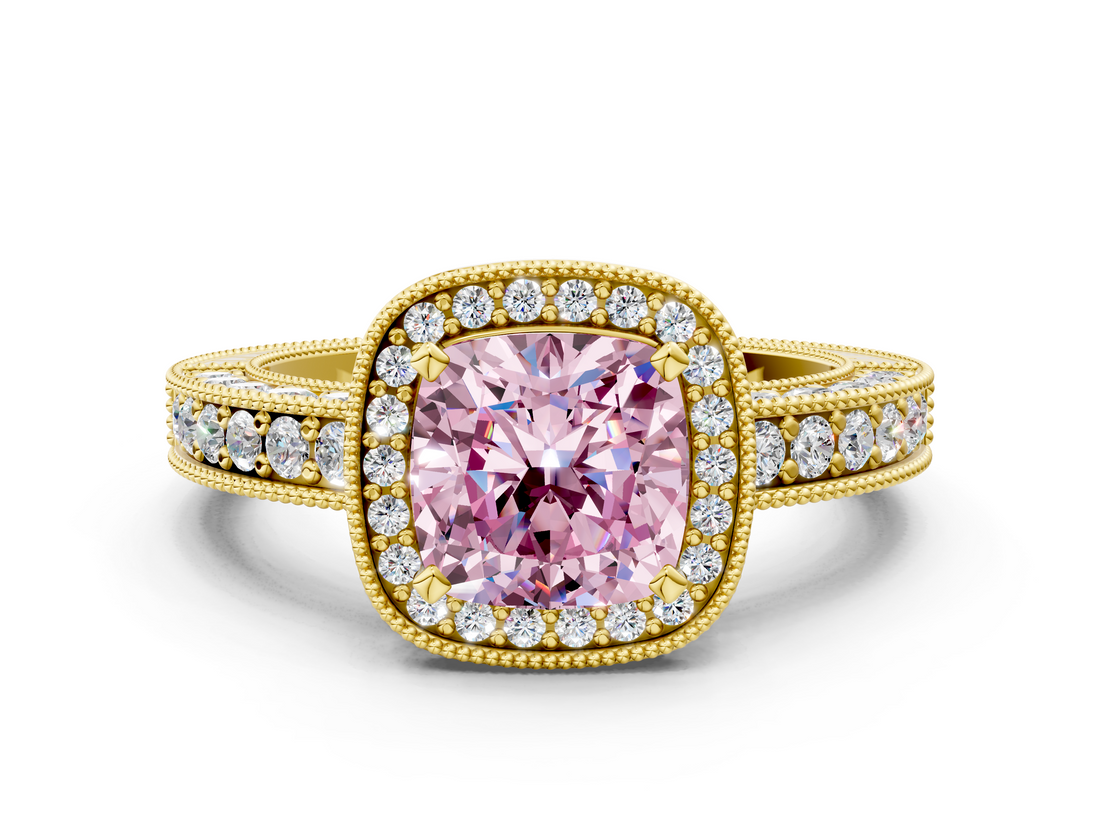 Yellow gold Fancy Pink Cushion  Cut Halo Diamond Pave Band Ring with Four-Prong Setting_46