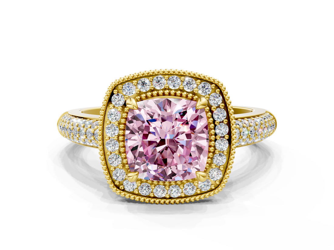 Yellow gold Fancy Pink Cushion  Cut Halo Diamond Pave Band with Four-Prong Setting_37