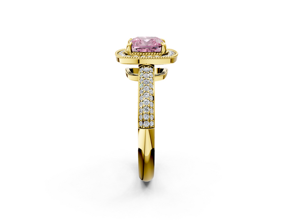 Yellow gold Fancy Pink Cushion  Cut Halo Diamond Pave Band with Four-Prong Setting
