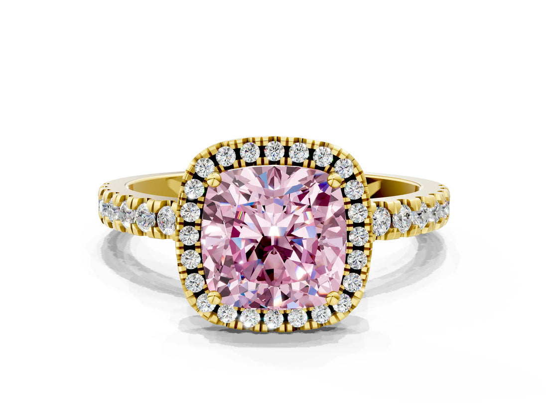 Yellow gold Fancy Pink Cushion Cut Halo Diamond Pave Band with Prong Setting
