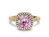 Yellow gold Fancy Pink Cushion Cut Halo Diamond Pave Band with Prong Setting