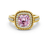 Yellow gold Fancy Pink Cushion Cut Halo Diamond Ring with Beaded Split Shank and Four-Prong Setting
