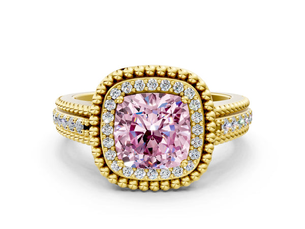 Yellow Gold Cushion Cut Beaded Halo Engagement Ring Setting for Fancy Pink Center with Pave
