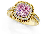Yellow gold Fancy Pink Cushion Cut Halo Diamond Ring with Beaded Split Shank and Four-Prong Setting_1