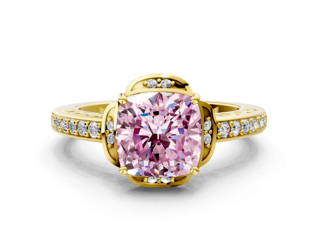 Yellow gold Fancy Pink Cushion  Cut Halo Diamond Ring with Channel Set Band and Four-Prong Setting_32