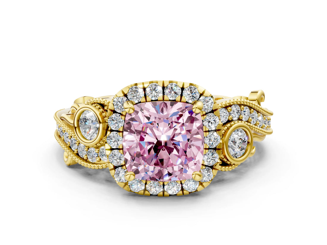 Yellow gold Fancy Pink Cushion Cut Halo Diamond Ring with Milgrain and Bezel Accents on a Split Shank Band_13