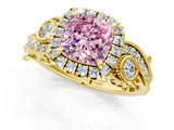 Yellow gold Fancy Pink Cushion Cut Halo Diamond Ring with Milgrain and Bezel Accents on a Split Shank Band_14