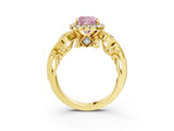 Yellow gold Fancy Pink Cushion Cut Halo Diamond Ring with Milgrain and Bezel Accents on a Split Shank Band_15
