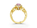 Yellow gold Fancy Pink Cushion Cut Halo Diamond Ring with Milgrain and Bezel Accents on a Split Shank Band_16