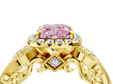 Yellow gold Fancy Pink Cushion Cut Halo Diamond Ring with Milgrain and Bezel Accents on a Split Shank Band_17