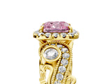 Yellow gold Fancy Pink Cushion Cut Halo Diamond Ring with Milgrain and Bezel Accents on a Split Shank Band_18